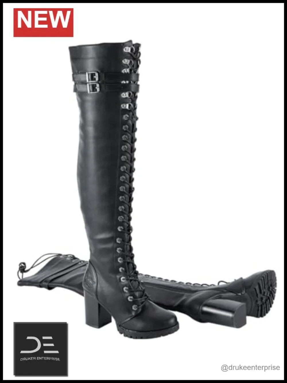 Faux Leather Over the Knee Lace Up Boots with Chunky Heel and Buckle